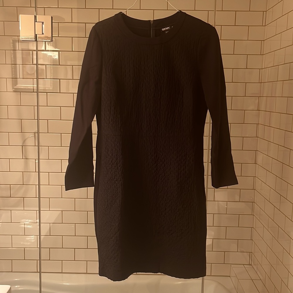 DKNY Black Long Sleeve Textured Sheath Dress